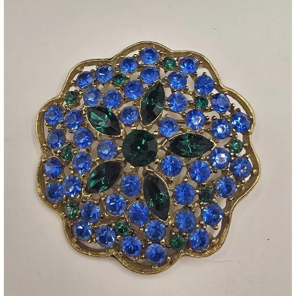 Vintage Unsigned Domed Rhinestone Brooch Pin Gold Tone Blue Green Cluster Large